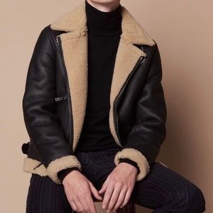 Sandro Men’s sheepskin aviator leather jacket.